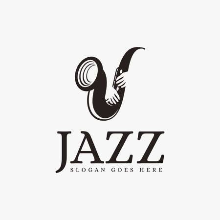 Hand playing saxophone, jazz logo icon vector template on white background,with negative space design styleのイラスト素材