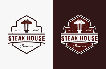 Vintage retro badge emblem Steak house logo vector icon with fork and sliced of steak logoのイラスト素材