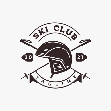 Vintage seal label badge ski logo vector with crossed ski stick and ski helmet on white backgroundのイラスト素材