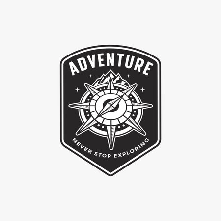 Emblem patch outdoor adventure logo vector illustration with compass mountain vector conceptのイラスト素材