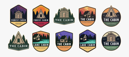 Set of Vintage modern outdoor badge emblem patch cabin in nature logo icon vector, cottage hut cabin logo template on dark backgroundのイラスト素材