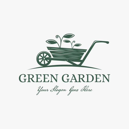 Vintage simple badge, label, seal, garden logo, gardening equipment vector, with wood wheelbarrow and growing plant conceptのイラスト素材
