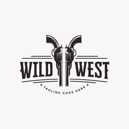Vintage western firearm, old gun, revolver logo label design on white backgroundのイラスト素材