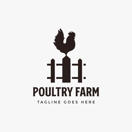 Vintage Chicken Poultry farm logo vector illustration design, rooster on fence logoのイラスト素材