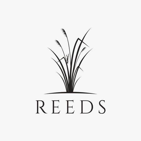 Vintage elegant grass, cattail, reeds logo vector icon with hanging praying mantis concept on white backgroundのイラスト素材