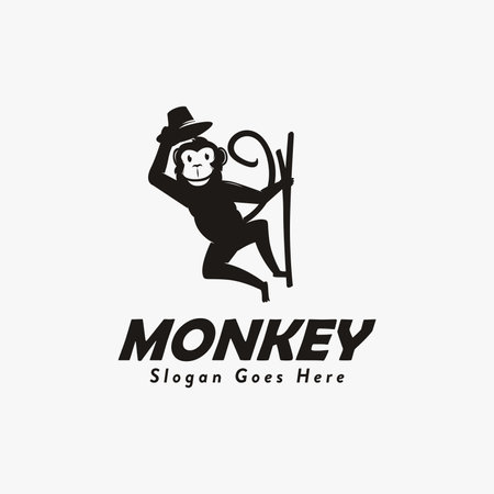 Simple hanging Monkey logo vector design, monkey holding hat logo on white backgroundのイラスト素材