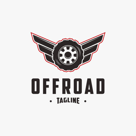 Offroad tire wheel logo, offroad club logo with tire and wing concept on white backgroundのイラスト素材