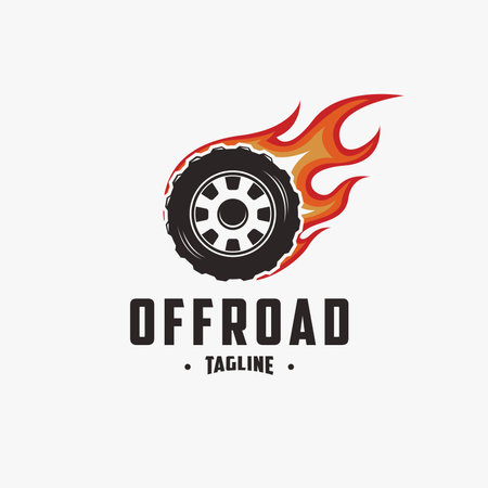 Offroad tire wheel logo, offroad club logo with tire and fire concept on white backgroundのイラスト素材