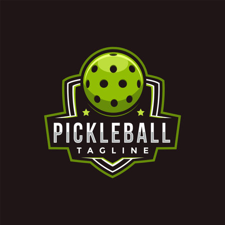 Emblem badge Pickleball club logo design, shield and ball icon vector on black backgroundのイラスト素材