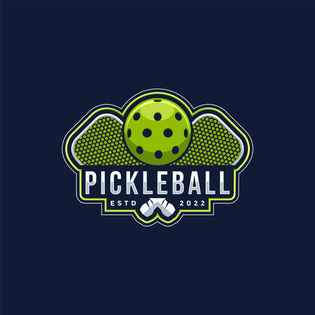 Emblem badge Pickleball club logo design, pickleball racket and ball icon vector on dark backgroundのイラスト素材