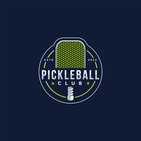 Emblem badge Pickleball club logo design, pickleball racket icon vector on dark backgroundのイラスト素材
