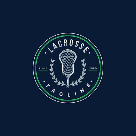 Emblem seal badge lacrosse sport logo with lacrosse stick vector icon on dark backgroundのイラスト素材