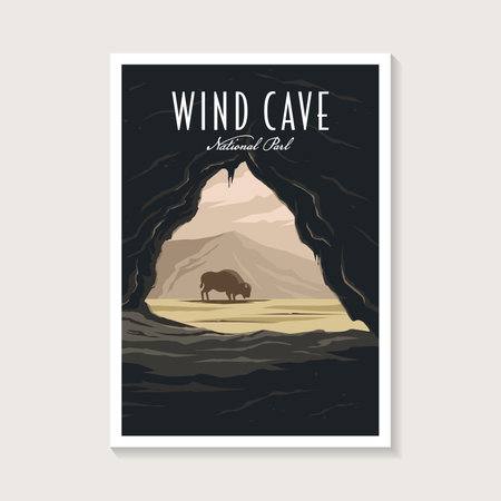 Wind Cave National Park poster illustration, inner cave bison scenery poster designのイラスト素材