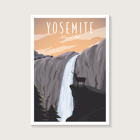 Yosemite National Park poster illustration, Deer on beautiful waterfall scenery poster designのイラスト素材