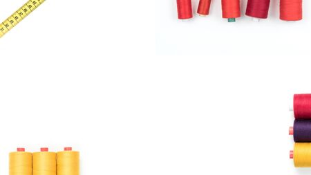Sewing supplies thread, buttons, tape, scissors on white background. Text, cover, print, poster...