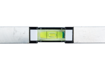 Silver spirit level isolated on white background. Construction tool. Metal small spirit lever....