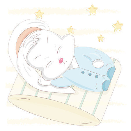 Cute white bunny sleeping on a pillowのイラスト素材