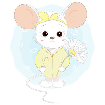 Cute white mouse with chamomileのイラスト素材