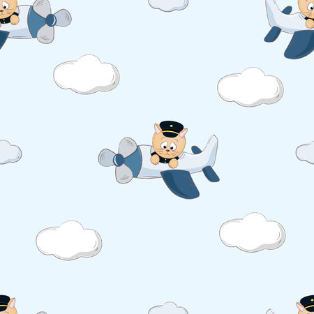 pattern with a cat on a plane and cloudsのイラスト素材