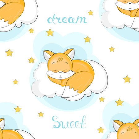 pattern baby bunny sleeping on cloudsのイラスト素材