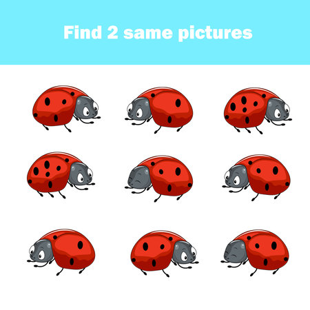 Find the same pictures for kids, educational games. Find identical pairs of ladybugs. Insect theme.のイラスト素材