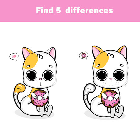 Find the differences educational children game. Kids activity sheet with cat donut.のイラスト素材