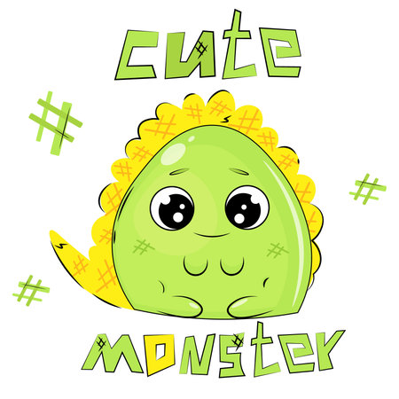 cute cartoon green monster with big eyesのイラスト素材