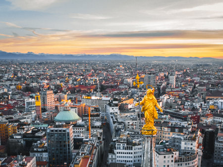 Aerial view of Frankfurt am Main at sunset, Germany.の写真素材