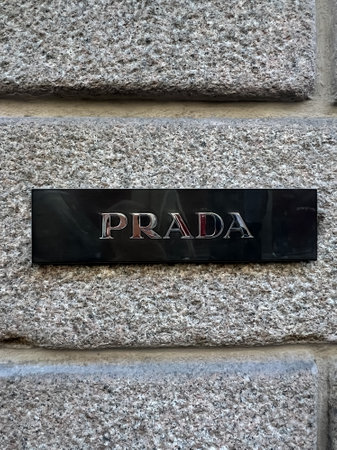 Milan , Italy - 27. 11 2023 : prada logo brand and text sign chain facade store wall exterior. Prada is a world famous fashion factory Montenapoleone streetのeditorial素材
