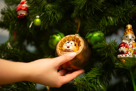 Hands decorating christmas tree with stylish bauble in atmospheric festive room. Merry Christmas. Winter holidays preparation.の写真素材