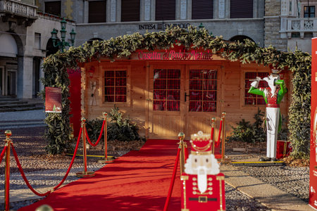 Santa Claus Office in Bergamo, Italy. Festive interior inside wooden house, New Year's cheerful mood Spirit of Christmas.の写真素材