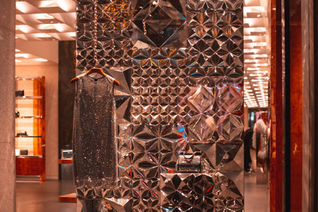 Milan, Italy December 4. 2023, new Moncler shop window in via Monte Napoleone at night....