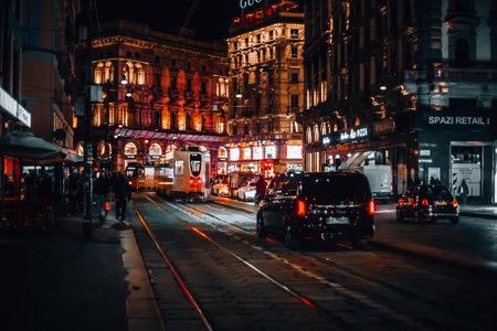 Milan downtown cityscape nigth view during a Christmas season. Milan, Italy 11.12.2023のeditorial素材