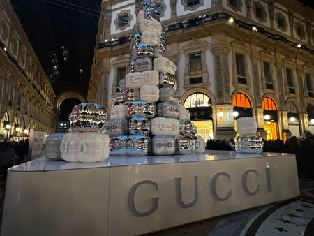 The Gucci Christmas Tree Is Not a Tree. An installation of 78 gift boxes sealed with Gucci signature Milan iconic Galleria Vittorio Emanuele II. Milan, Italy. December 12.2023のeditorial素材