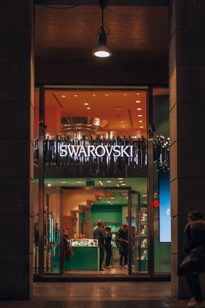 Shop windows. Boutique display. Fashion Store exterior. City Night Boutique. Front View from street outdoor. LED light. Milan, Italy 5.12.2023のeditorial素材