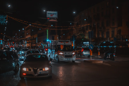 Street of Milan at night. Porta Venezia, Corso Buenos Aires, Milan, Italy 25.12.2023の写真素材