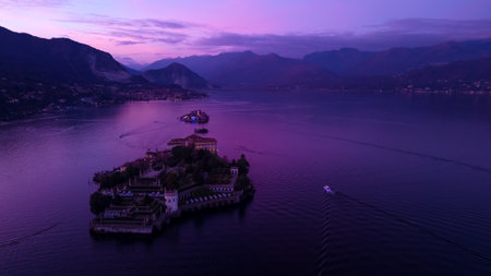 Lago Maggiore Drone view of the island Bella. Borromean islands Isola Bella and Isola dei Pescatori. Italy, Stresa 5.01.2024の写真素材