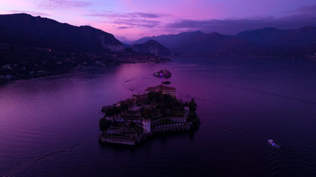 Lago Maggiore Drone view of the island Bella. Borromean islands Isola Bella and Isola dei Pescatori. Italy, Stresa 5.01.2024の写真素材