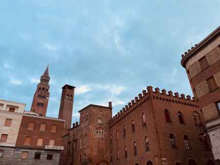 Cremona, Italy 18.03.2024. Stradivari square. Cremona Town Hall with brick battlements in Stradivari...