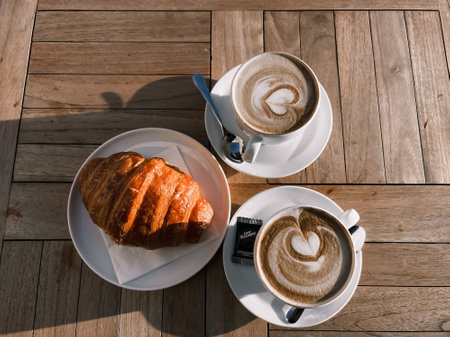 Milan, Italy 03.2024 Cappuccino and croissant on the table in the cafe. Delicious breakfast. Womens hands hold a cup of Cappuccino view from aboveのeditorial素材