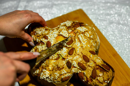 Traditional Italian desserts for Easter Easter dove. Festive pastries with almonds and sugar icing....