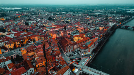Aerial view of Verona at sunset, Veneto region, Italia. Red tiled roofs. Traditional Italian architectureの写真素材
