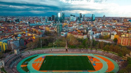 Aerial view of Sempione Park. City and stadium with playing field and running track Arena Civica. View of modern skyscrapers. Milan. Italy. Milano, Italia 05.2024のeditorial素材