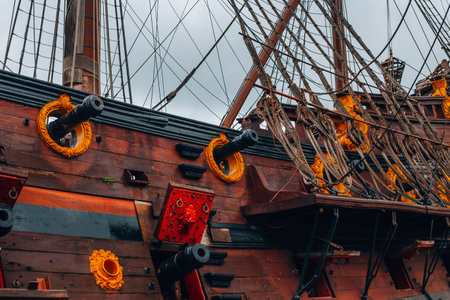 Genoa, Liguria, Italy 26.04.2024 - A beautiful ship in the port of Genoa. A floating replica of a 17th-century Spanish galleon built for the 1985 film Pirates.のeditorial素材