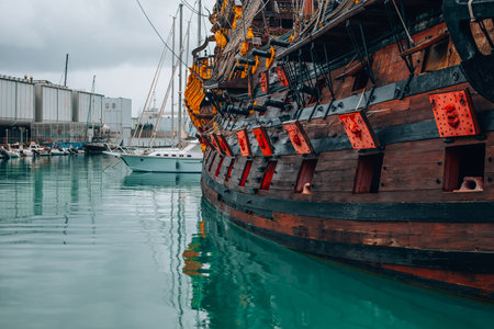 Genoa, Liguria, Italy 26.04.2024 - A beautiful ship in the port of Genoa. A floating replica of a 17th-century Spanish galleon built for the 1985 film Pirates.のeditorial素材
