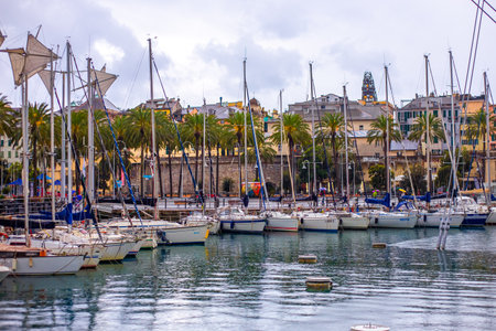 Genoa, Liguria, Italy 26.04.2024 - Parking of yachts and boats in the seaportのeditorial素材