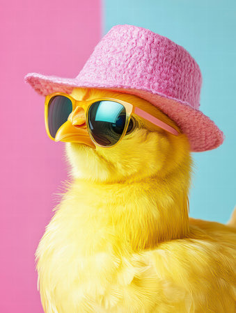 Cute yellow chicken in hat and sunglasses on pink and blue backgroundの素材