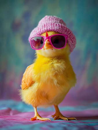 Cute little chicken wearing pink hat and sunglasses on pink background.の素材