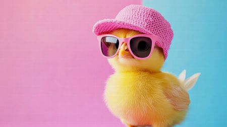 Cute little chicken wearing pink hat and sunglasses on pink and blue backgroundの素材