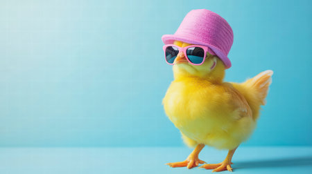 Cute little yellow chicken wearing pink hat and sunglasses on blue backgroundの素材